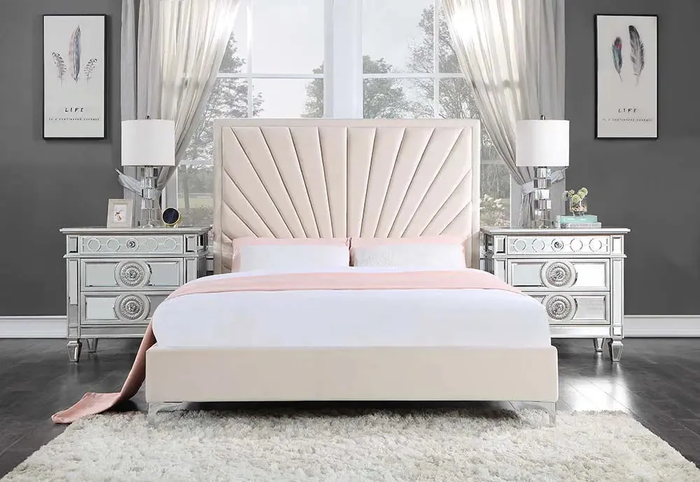 Anya Queen Bed, Beige Velvet