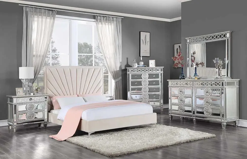 Anya Queen Bed, Beige Velvet