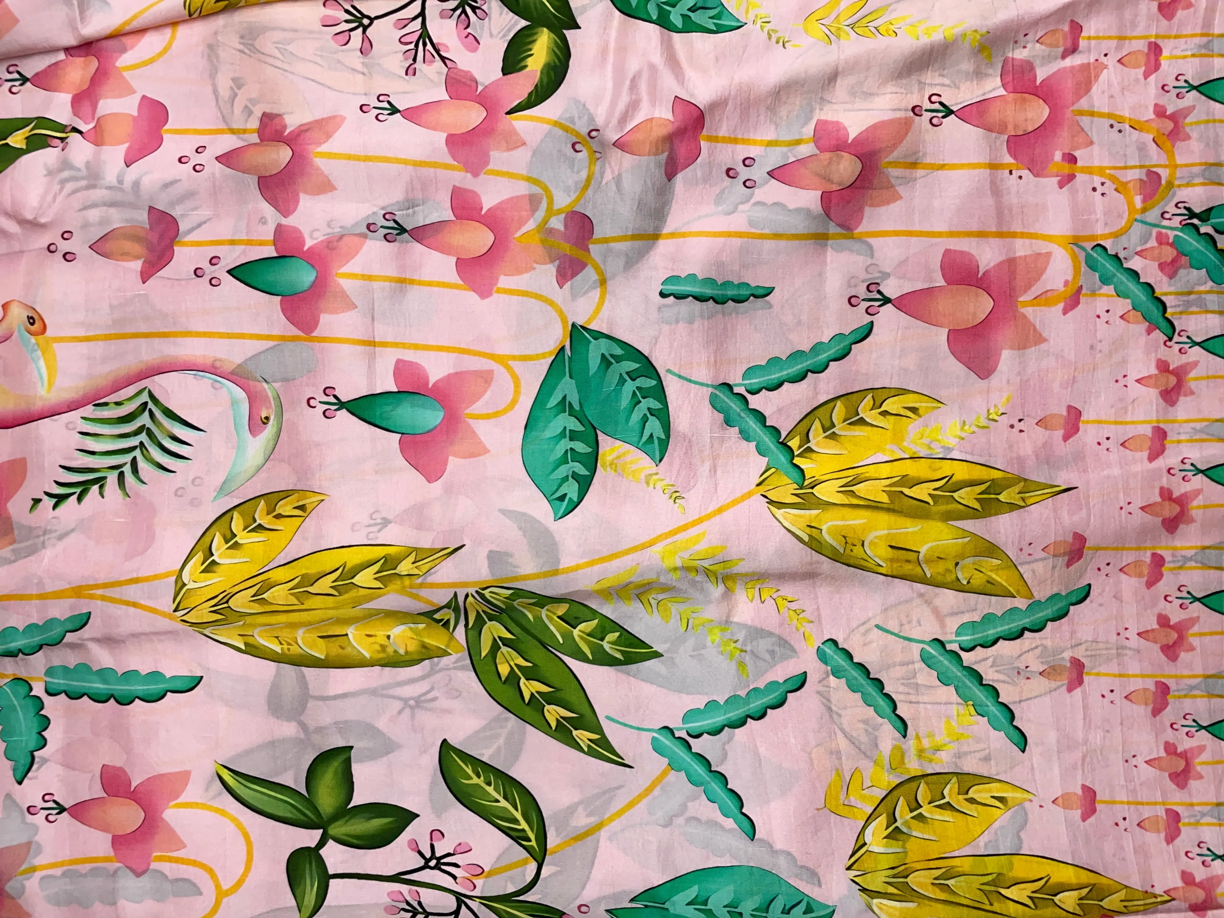 Baby Pink Floral Pure Dupion Silk Print Fabric