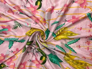 Baby Pink Floral Pure Dupion Silk Print Fabric