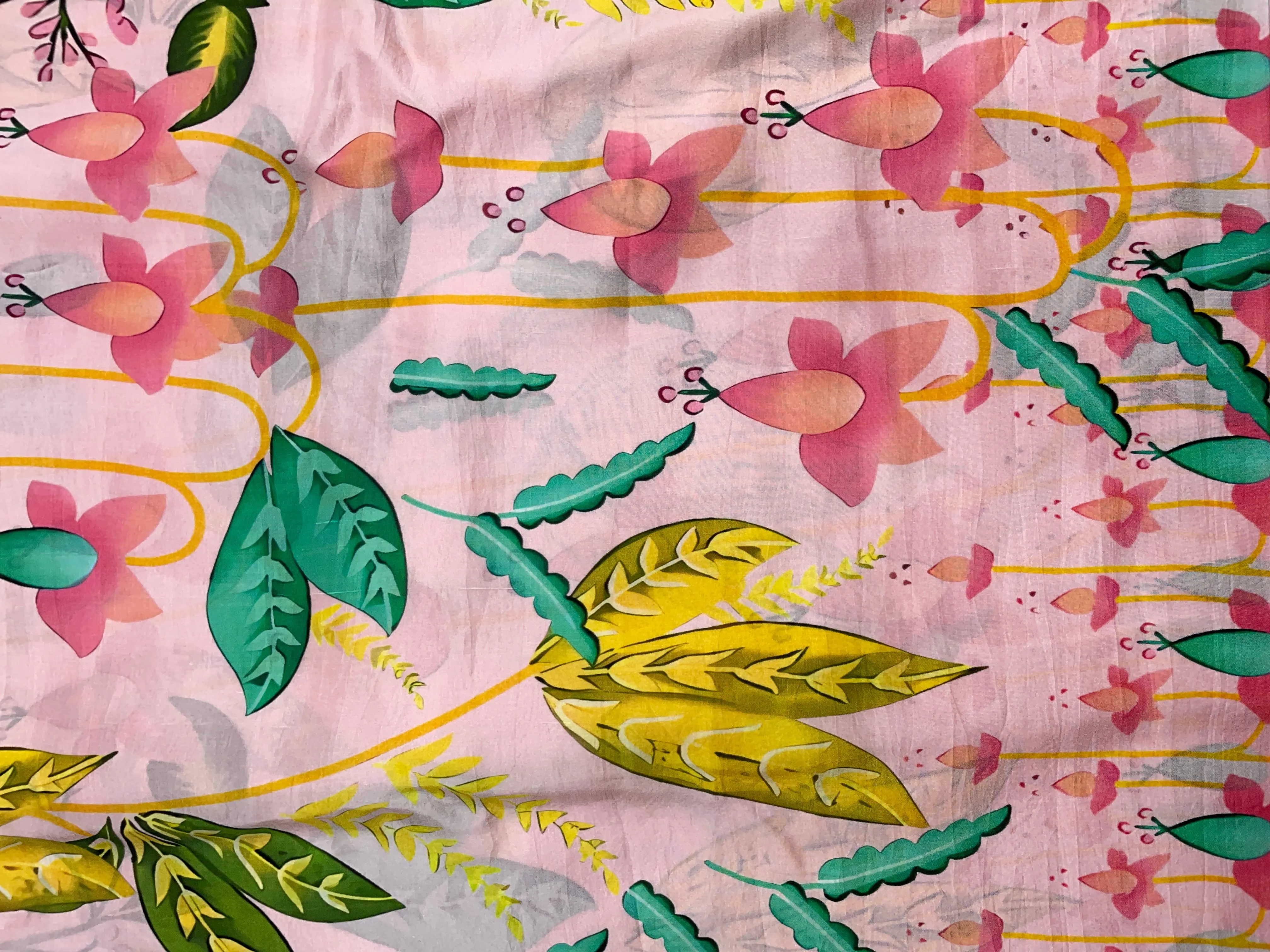 Baby Pink Floral Pure Dupion Silk Print Fabric