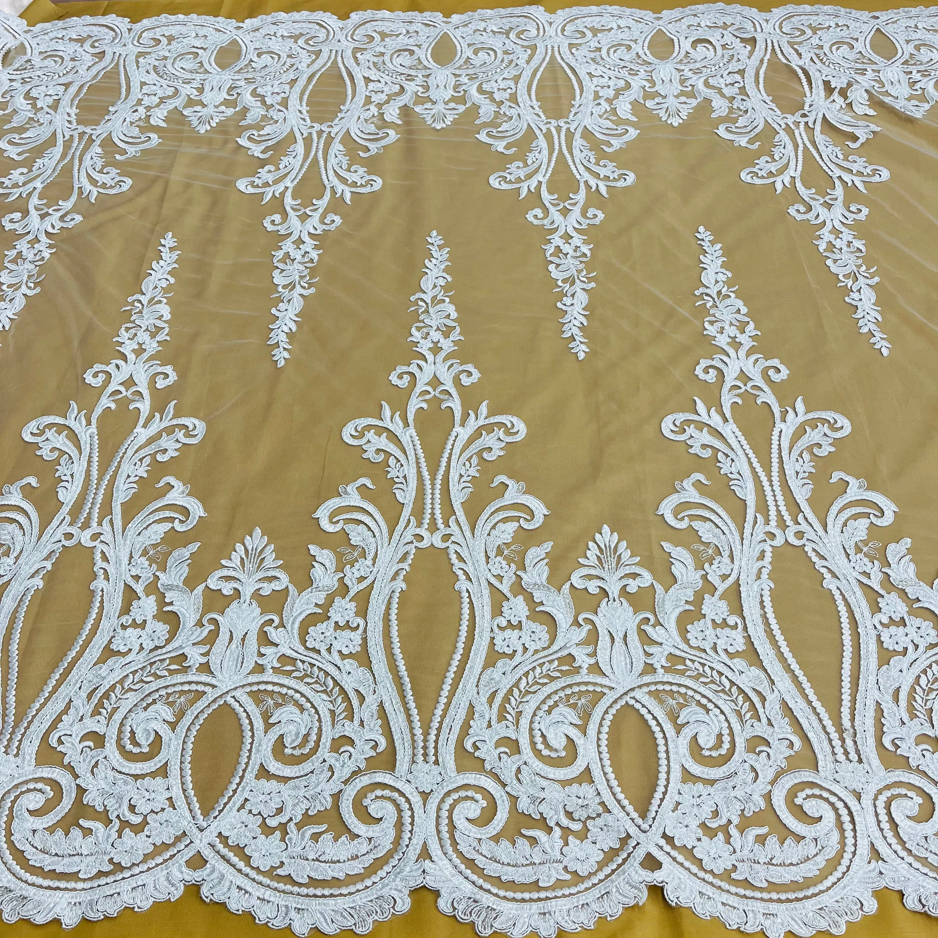 Beaded & Corded Bridal Lace Fabric Embroidered on 100% Polyester Net Mesh | Lace USA - 97206W-HB