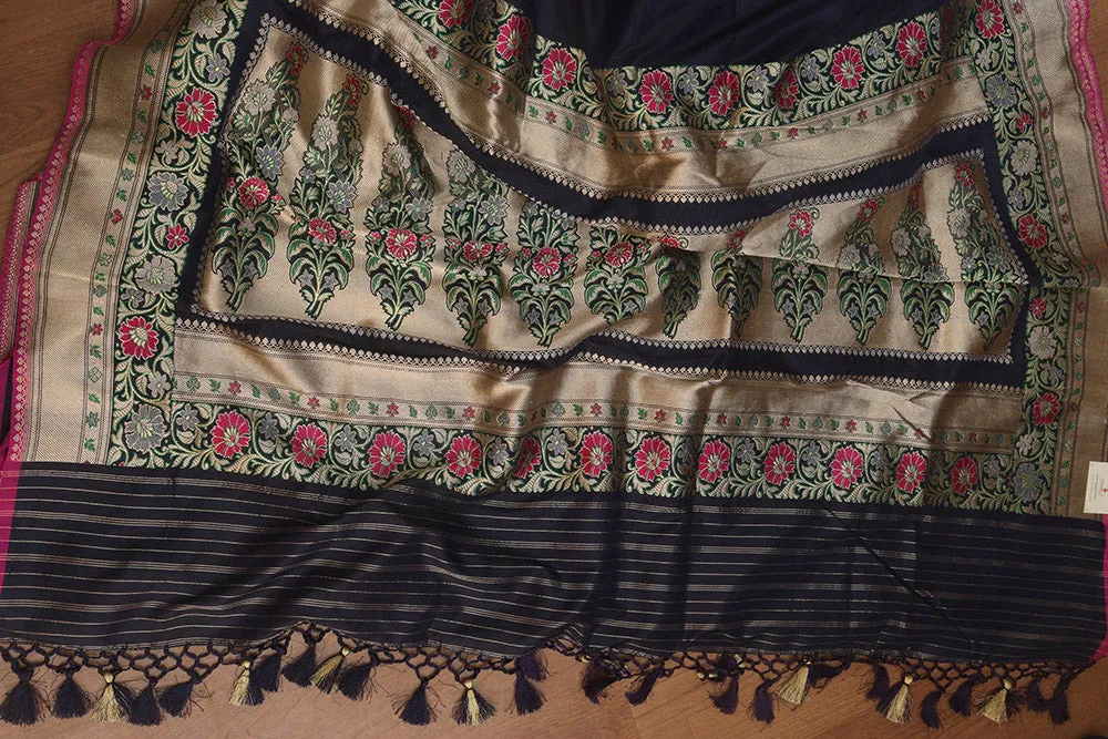Blue Handloom Banarasi Katan Silk Meenakari Saree - Elegant and Traditional