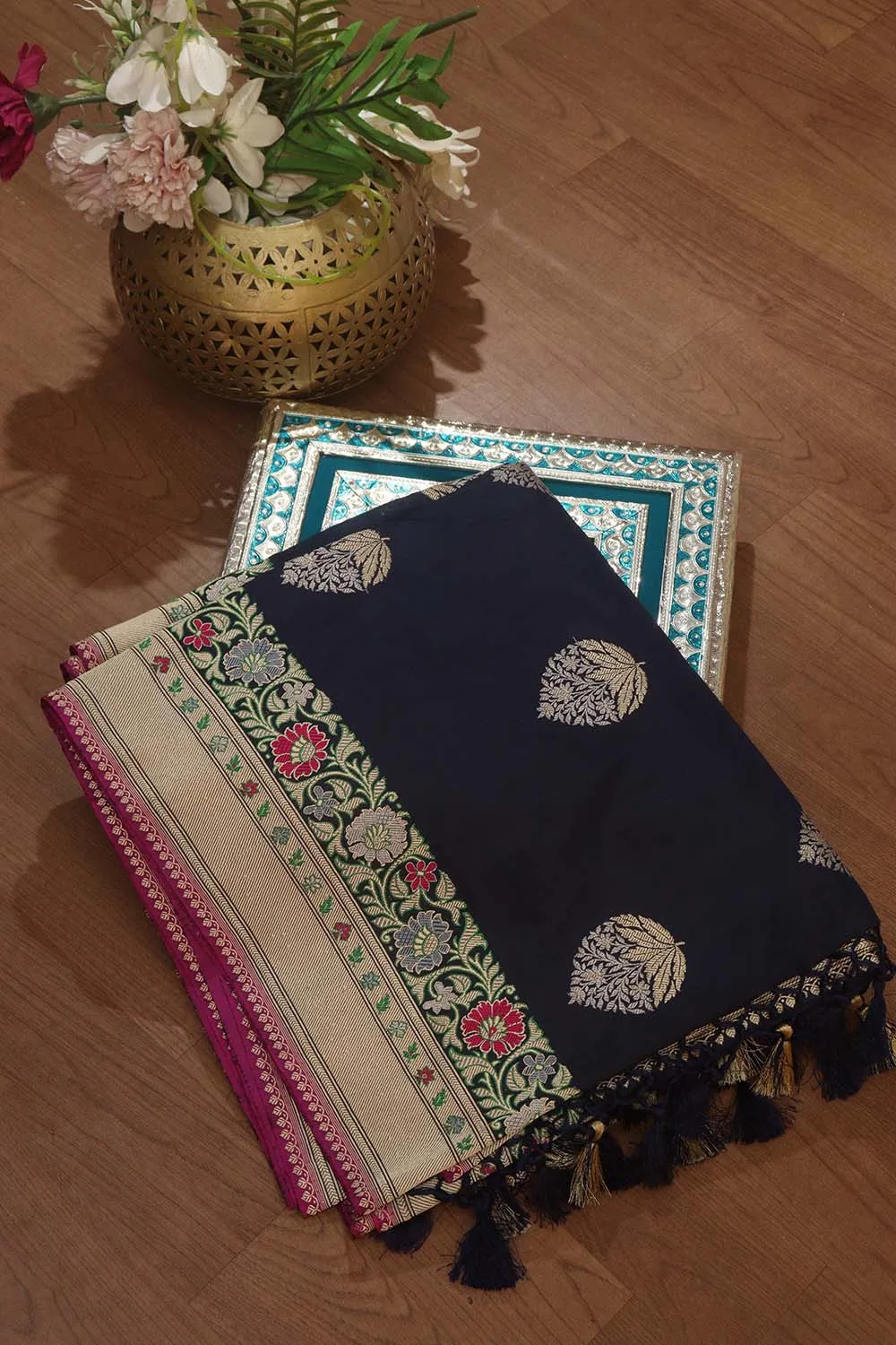 Blue Handloom Banarasi Katan Silk Meenakari Saree - Elegant and Traditional