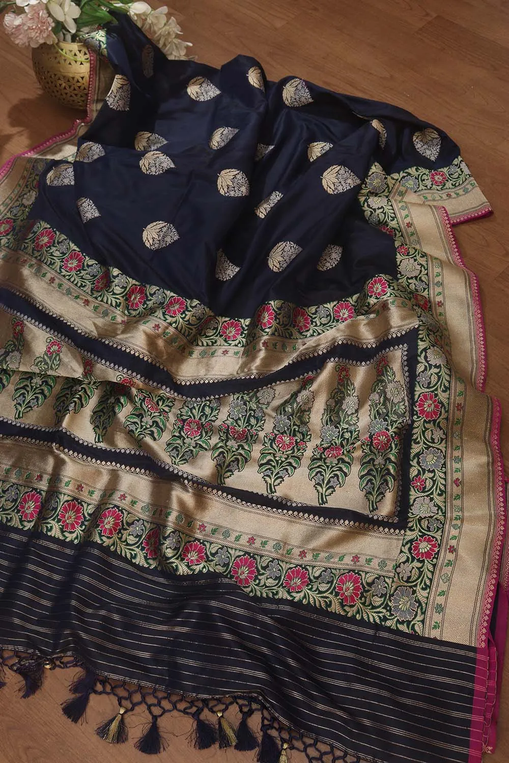Blue Handloom Banarasi Katan Silk Meenakari Saree - Elegant and Traditional