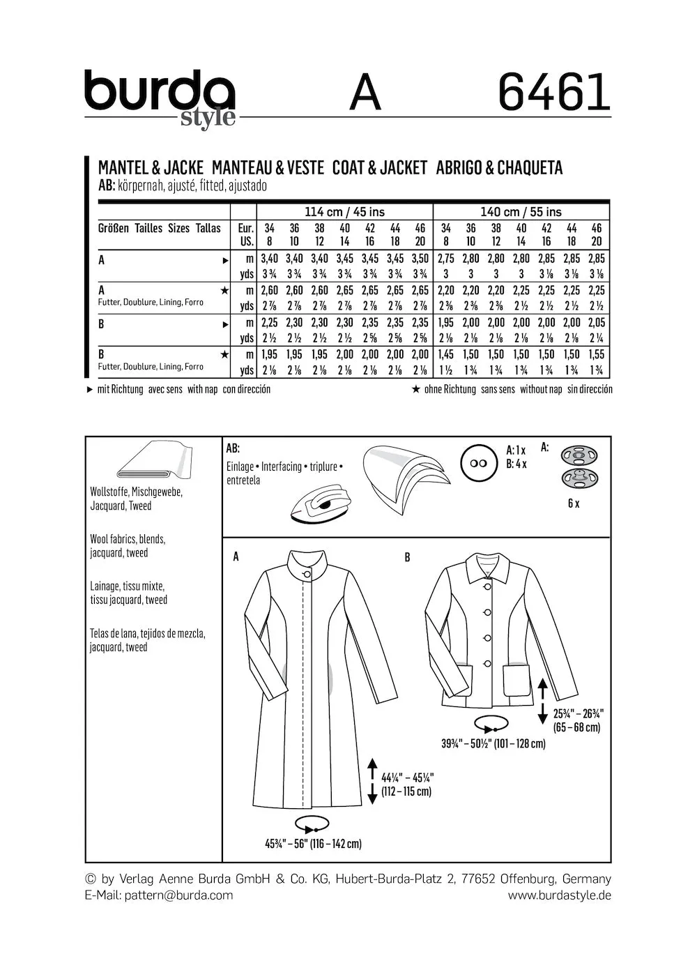 Burda Pattern 6461 Misses' Coats (8-20)