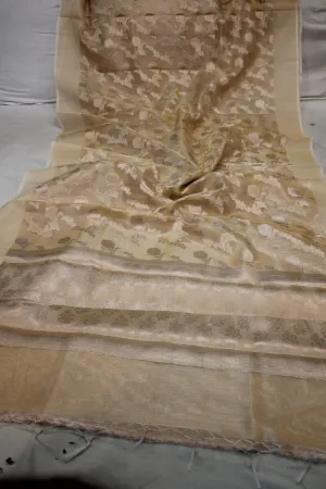 Chic Crème Pure Tissue Silk Banarasi Saree | Exquisite Gold Jaal Design