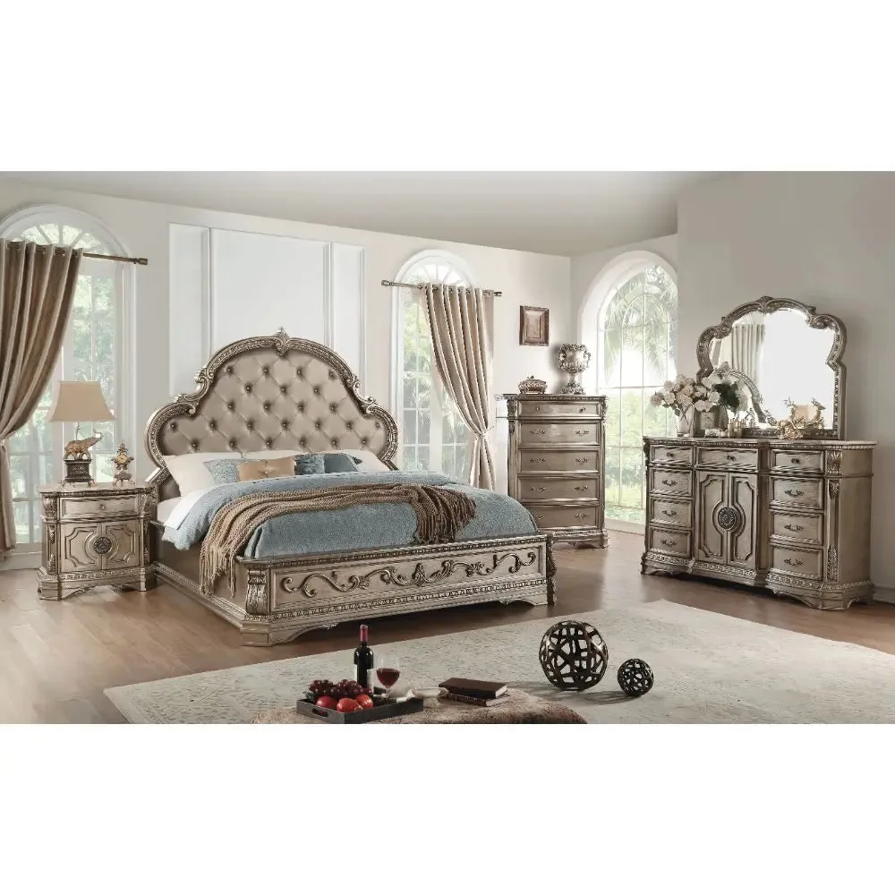 Colten Queen Bed w/Button Tufted Headboard, Faux Leather & Antique Silver