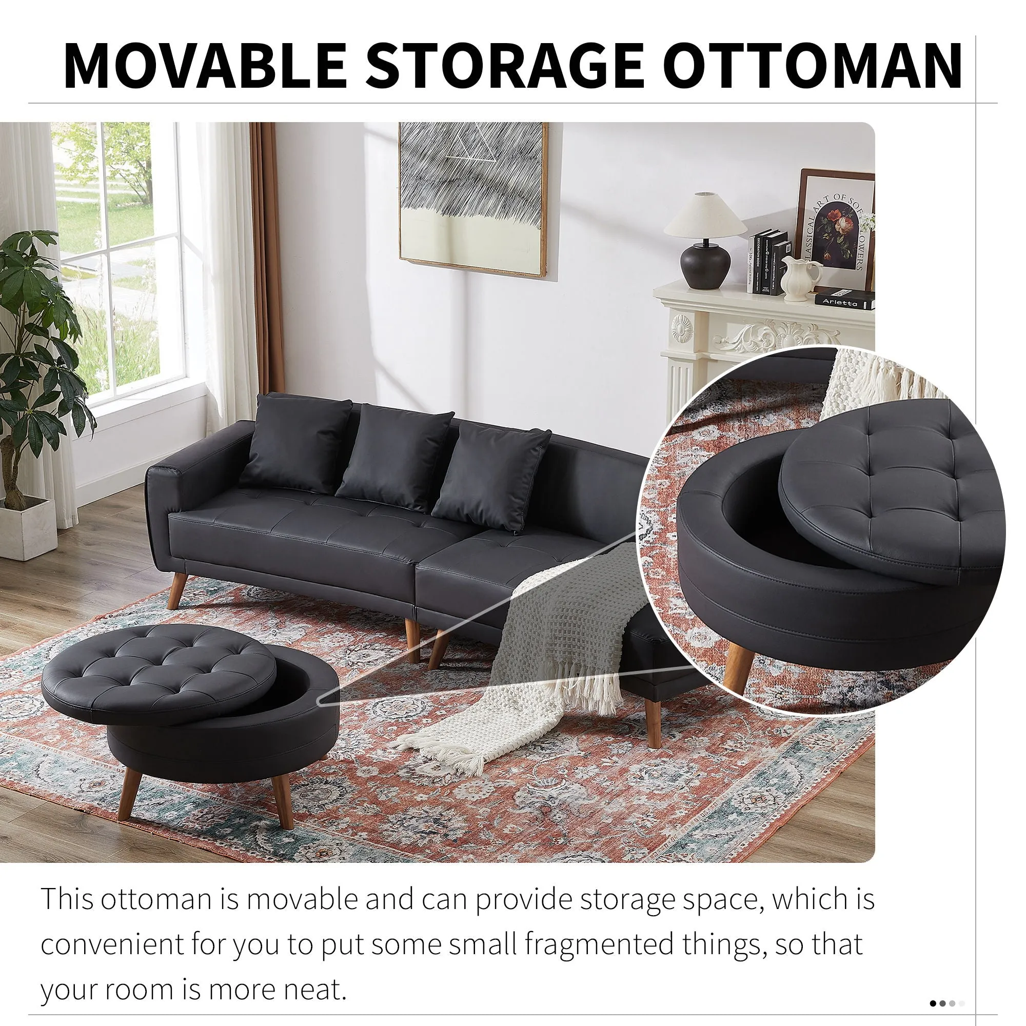 Contemporary Sofa Stylish Sofa Couch With A Round Storage Ottoman And Three Removable Pillows For Living Room