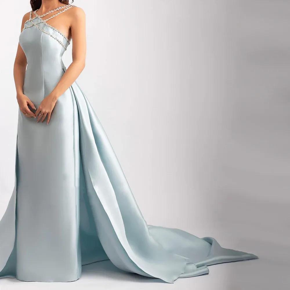 Elegant Light Blue Satin Evening Dress with Overskirt SF048