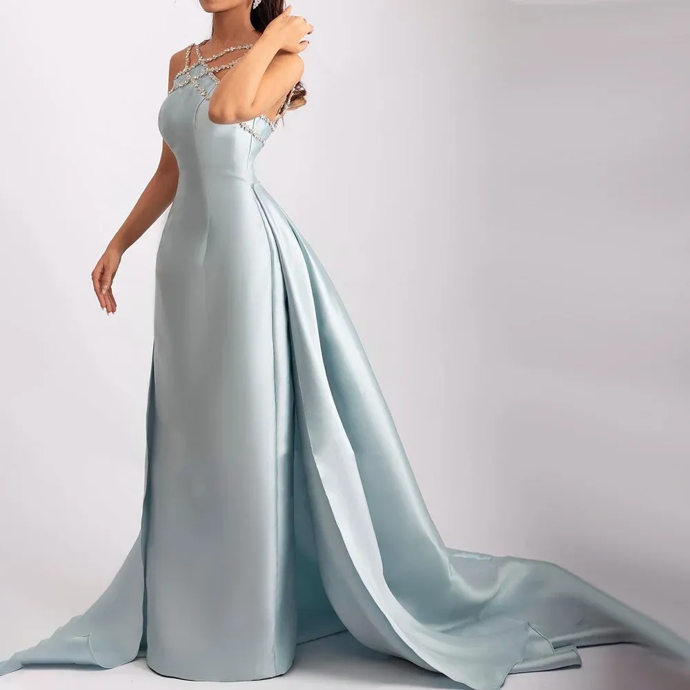 Elegant Light Blue Satin Evening Dress with Overskirt SF048