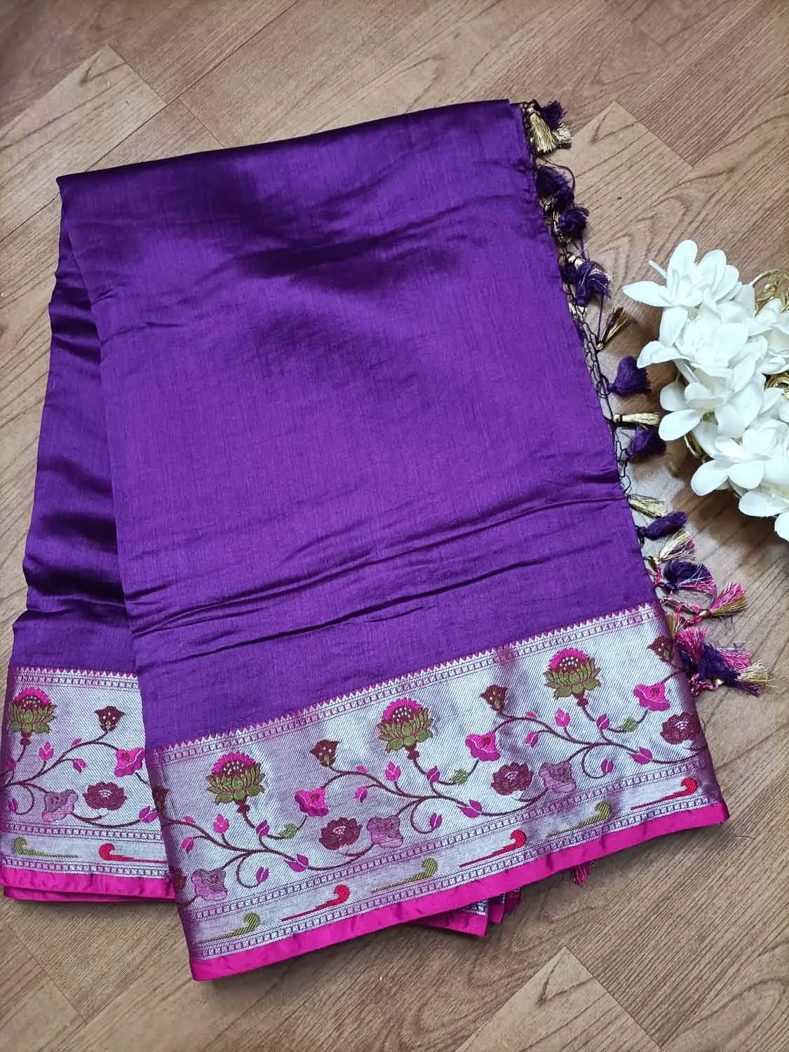 Elegant Purple Banarasi Chiniya Silk Saree with Paithani Border