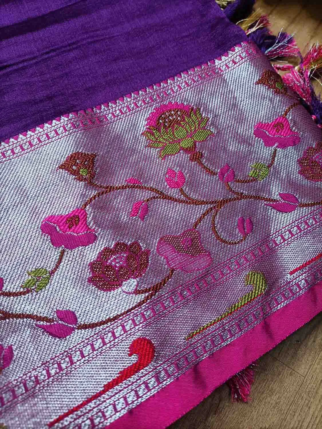 Elegant Purple Banarasi Chiniya Silk Saree with Paithani Border