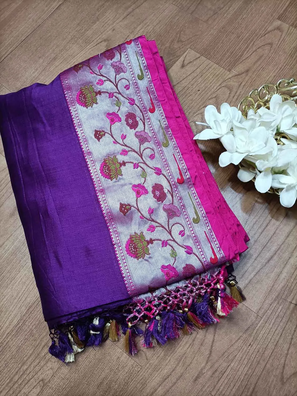 Elegant Purple Banarasi Chiniya Silk Saree with Paithani Border