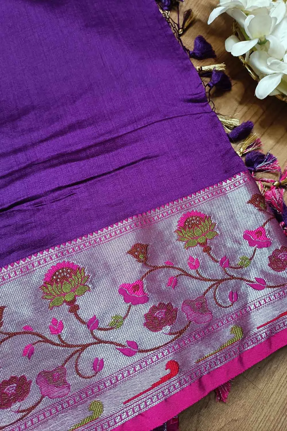 Elegant Purple Banarasi Chiniya Silk Saree with Paithani Border