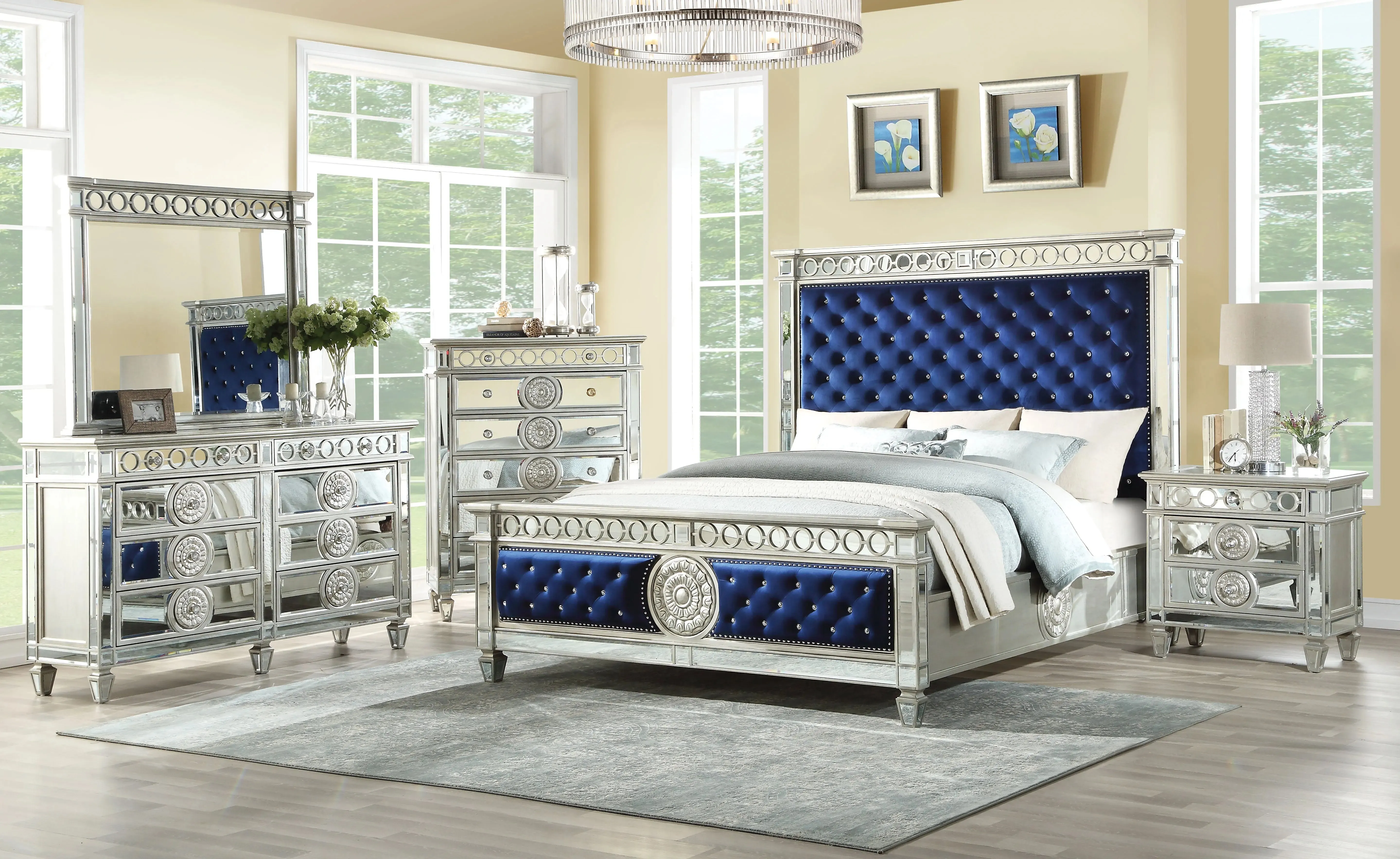 Emmitt California King Bed, Blue Velvet & Mirrored