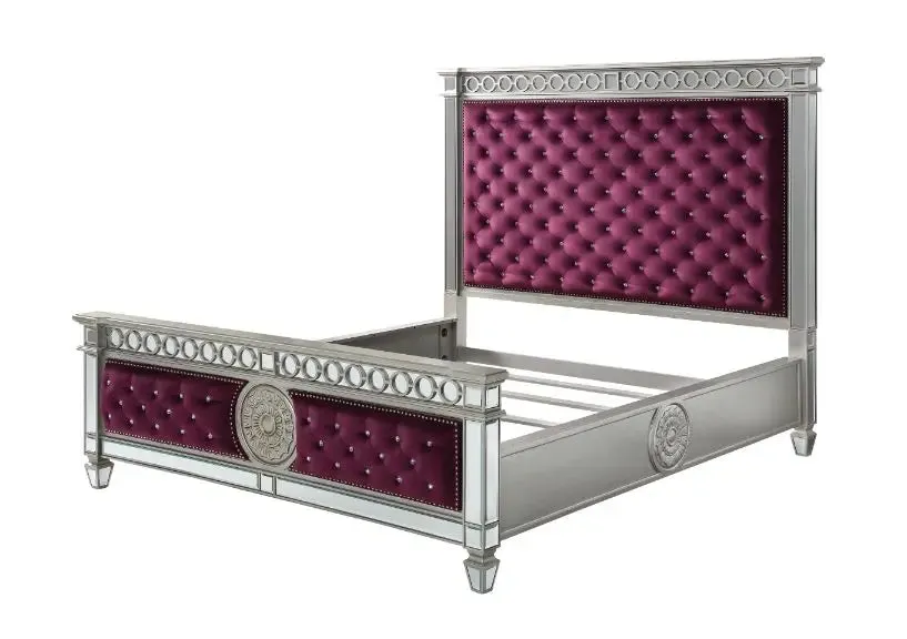 Emmitt California King Bed, Burgundy Velvet & Mirrored