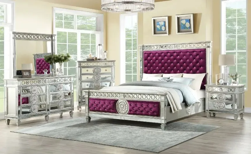 Emmitt California King Bed, Burgundy Velvet & Mirrored