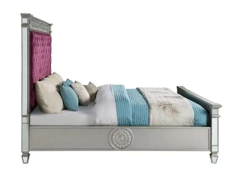 Emmitt California King Bed, Burgundy Velvet & Mirrored