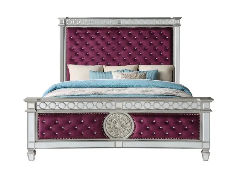 Emmitt California King Bed, Burgundy Velvet & Mirrored