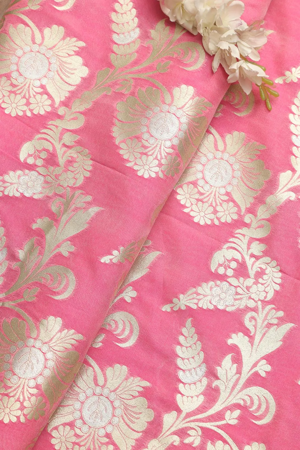 Exquisite Pink Banarasi Silk Fabric - 1 Mtr