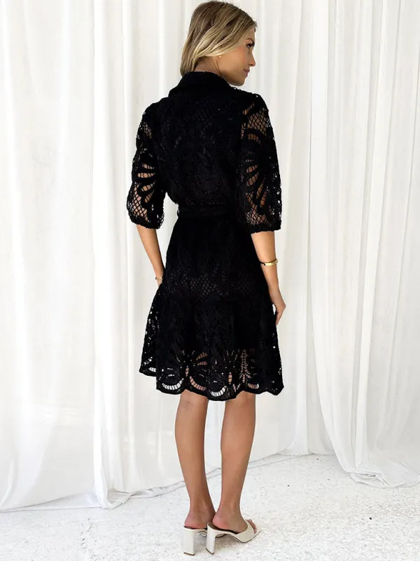Floral Lace Shirt Dress with Belt – Stylish Summer Dress