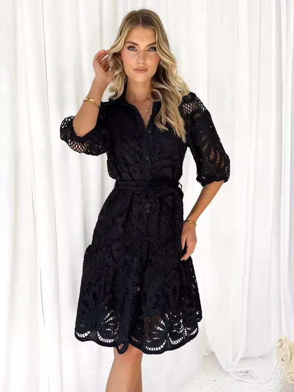 Floral Lace Shirt Dress with Belt – Stylish Summer Dress