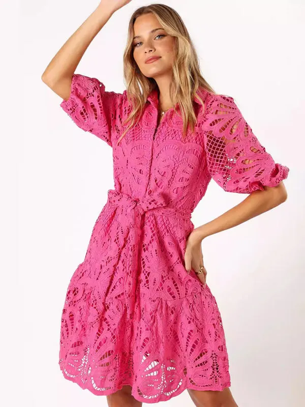 Floral Lace Shirt Dress with Belt – Stylish Summer Dress