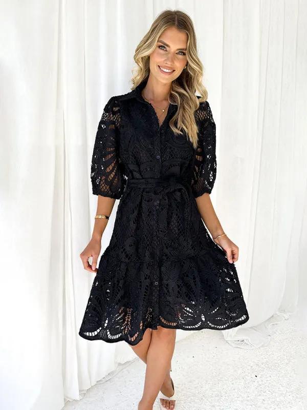 Floral Lace Shirt Dress with Belt – Stylish Summer Dress