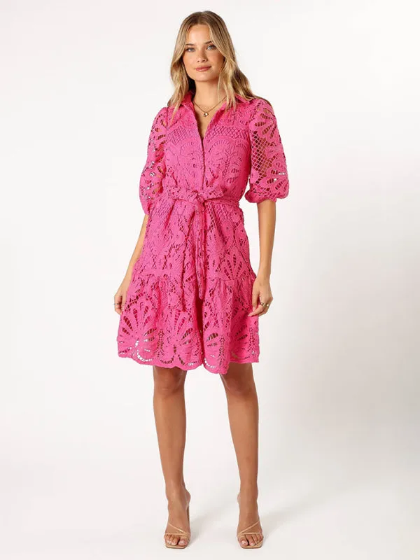 Floral Lace Shirt Dress with Belt – Stylish Summer Dress