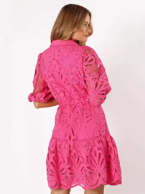 Floral Lace Shirt Dress with Belt – Stylish Summer Dress