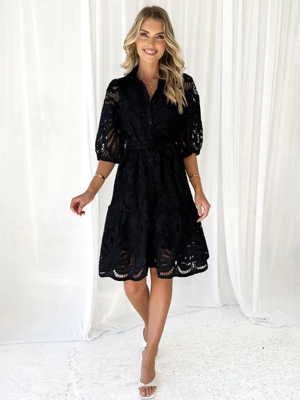 Floral Lace Shirt Dress with Belt – Stylish Summer Dress
