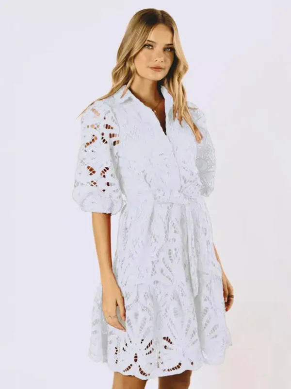 Floral Lace Shirt Dress with Belt – Stylish Summer Dress