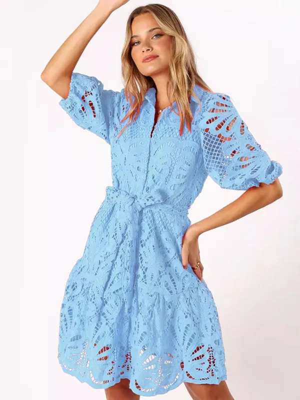 Floral Lace Shirt Dress with Belt – Stylish Summer Dress