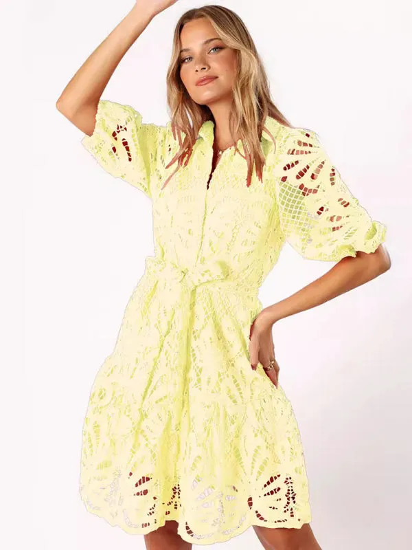 Floral Lace Shirt Dress with Belt – Stylish Summer Dress