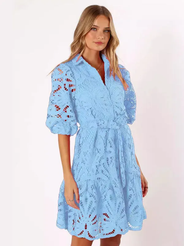 Floral Lace Shirt Dress with Belt – Stylish Summer Dress