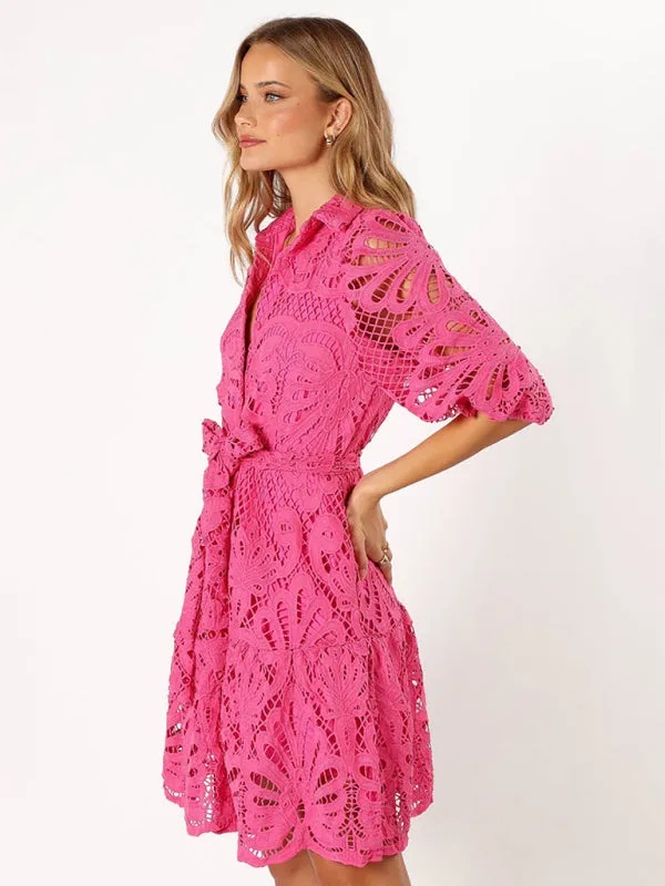 Floral Lace Shirt Dress with Belt – Stylish Summer Dress