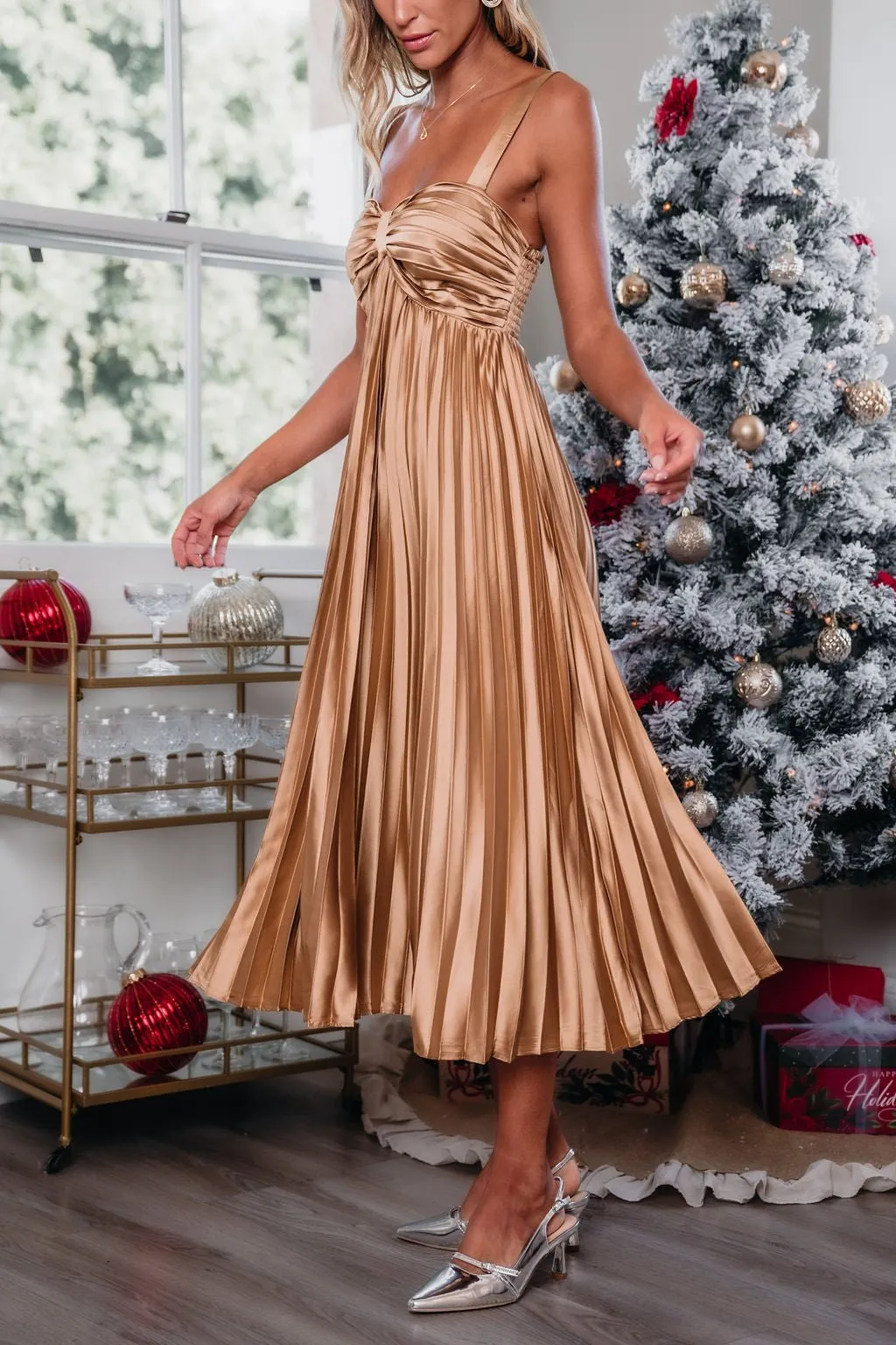 Gold Satin Pleated Midi Dress - FINAL SALE