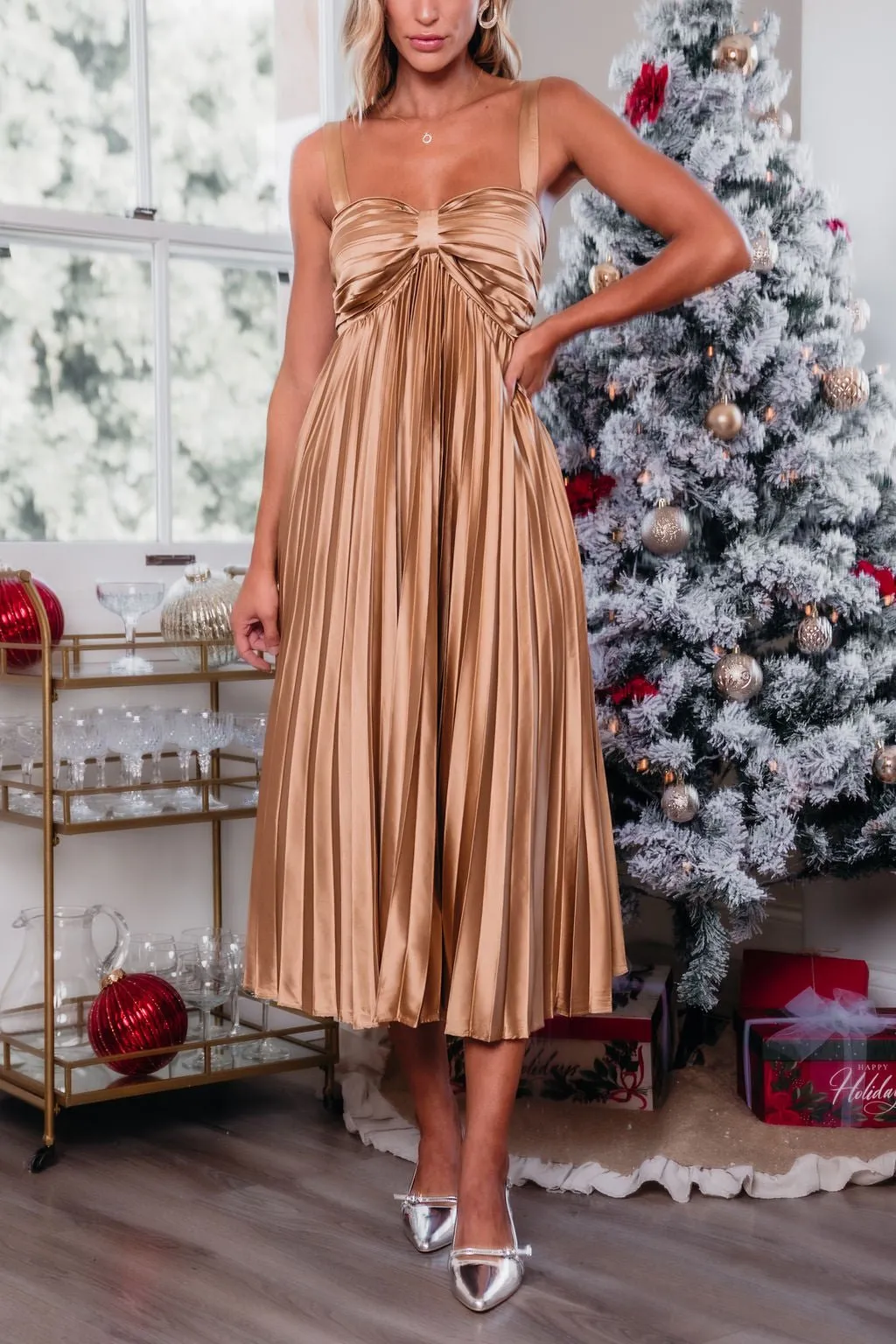 Gold Satin Pleated Midi Dress - FINAL SALE