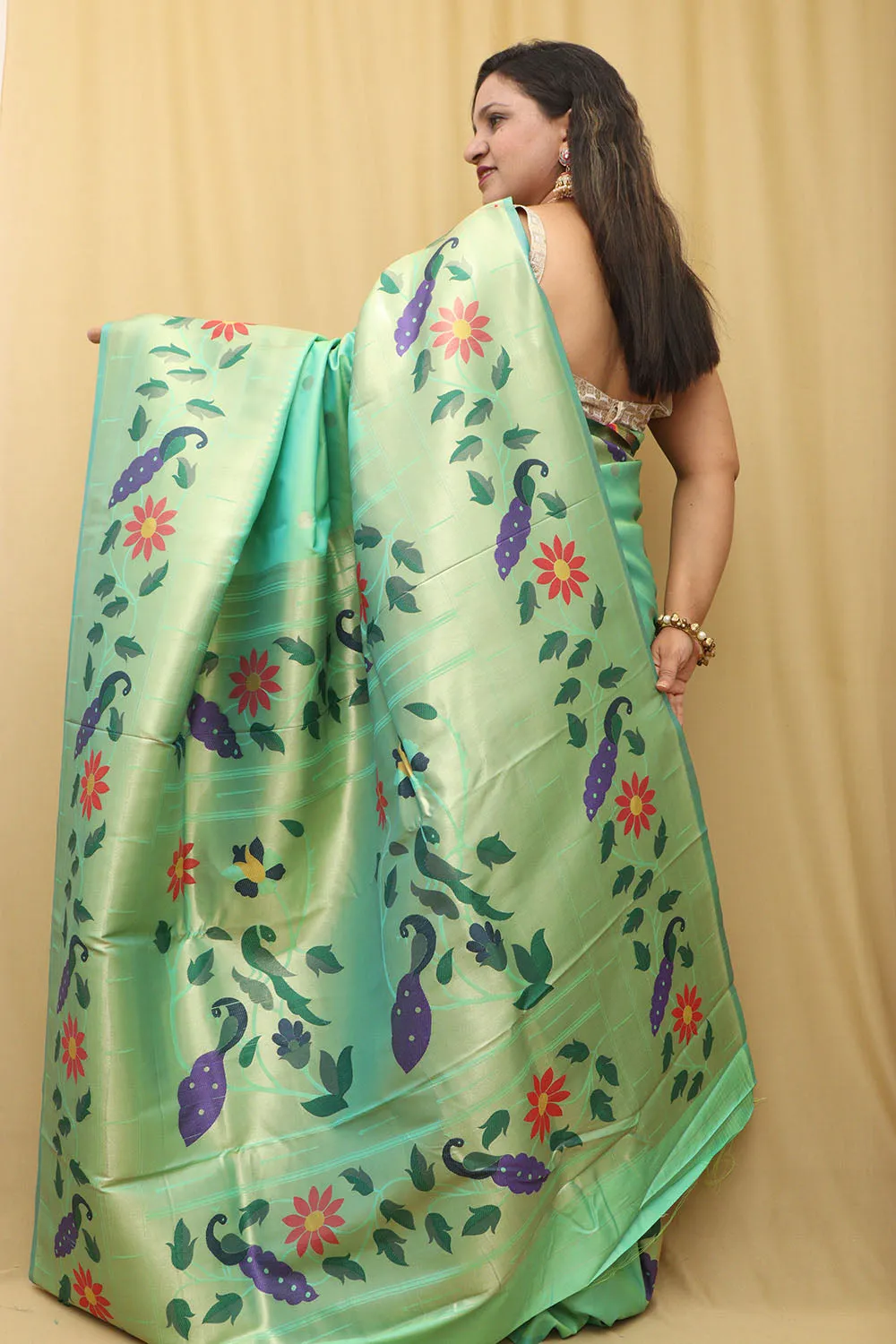 Green Paithani Silk Parrot & Flower Saree
