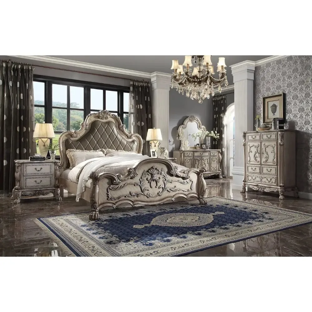 Jazlyn Rococo Style Queen Bed, Vintage White & Faux Leather