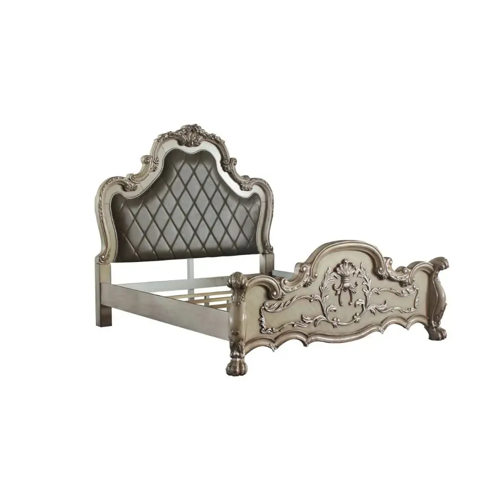 Jazlyn Rococo Style Queen Bed, Vintage White & Faux Leather