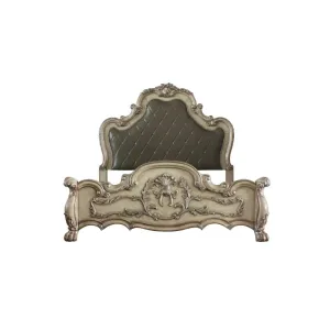 Jazlyn Rococo Style Queen Bed, Vintage White & Faux Leather