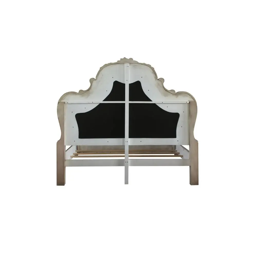 Jazlyn Rococo Style Queen Bed, Vintage White & Faux Leather