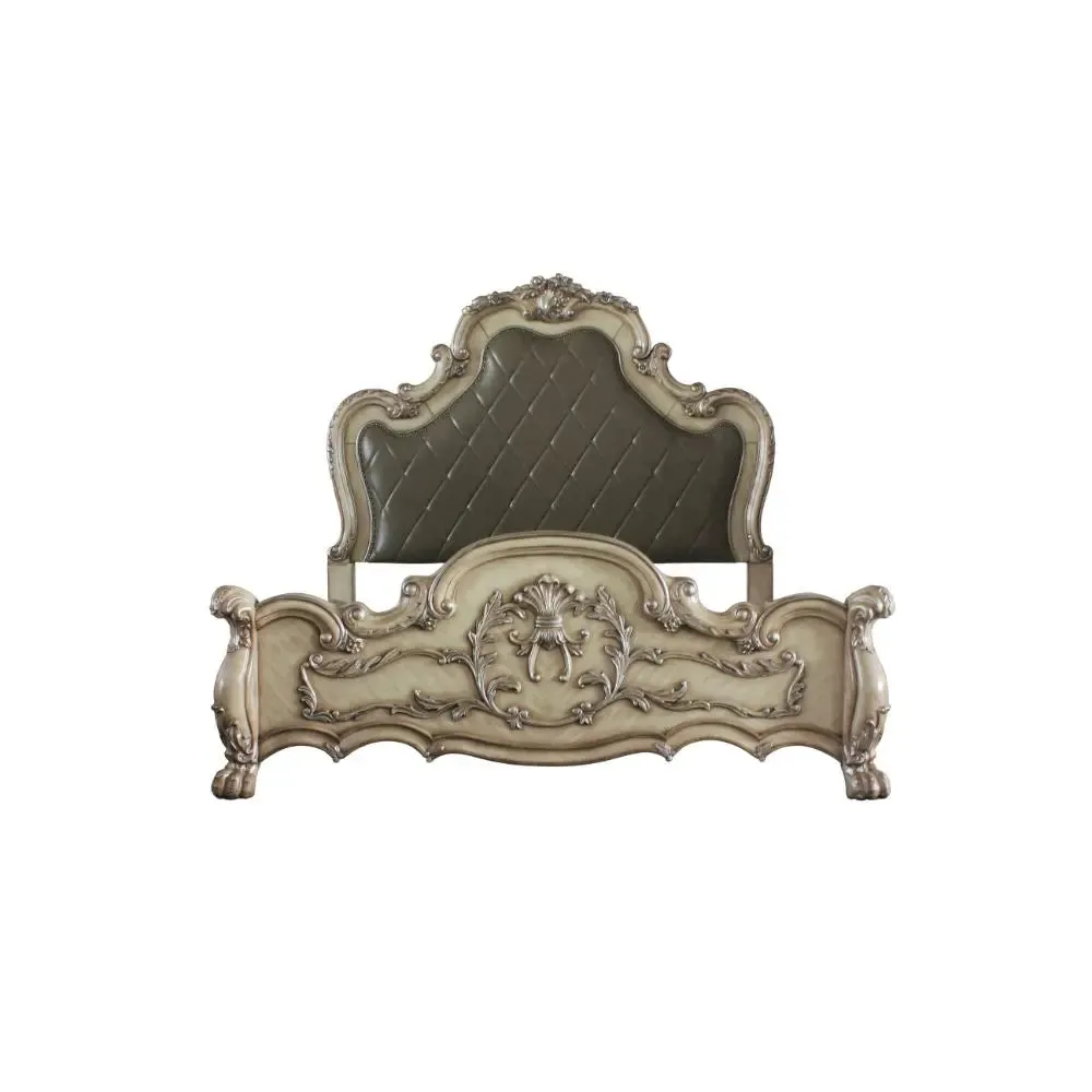 Jazlyn Rococo Style Queen Bed, Vintage White & Faux Leather