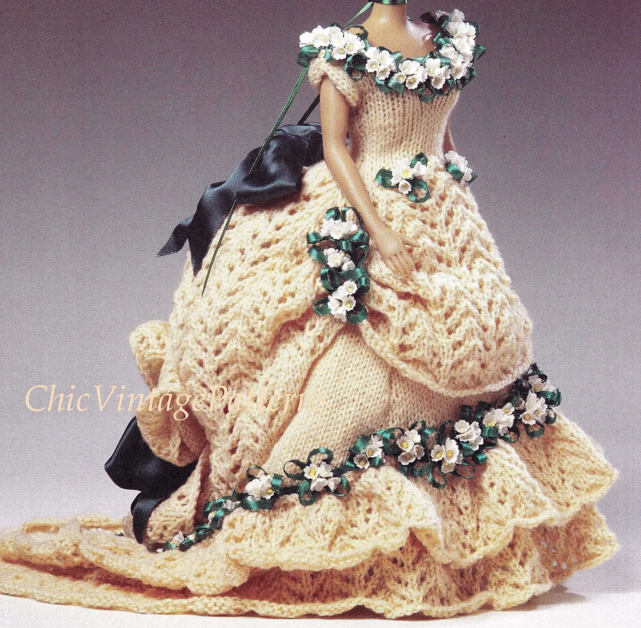 Knitted Doll's Dress Pattern, Victorian Period Dress, Instant Download