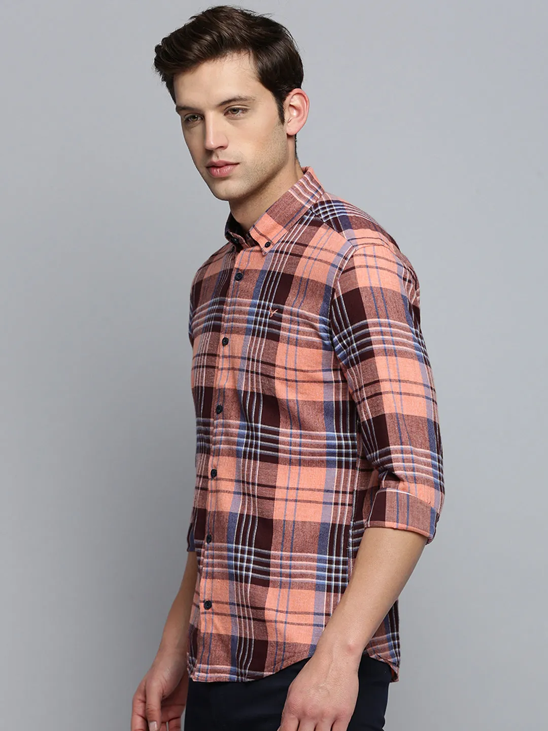 Men Spread Collar Checked Coral Shirt