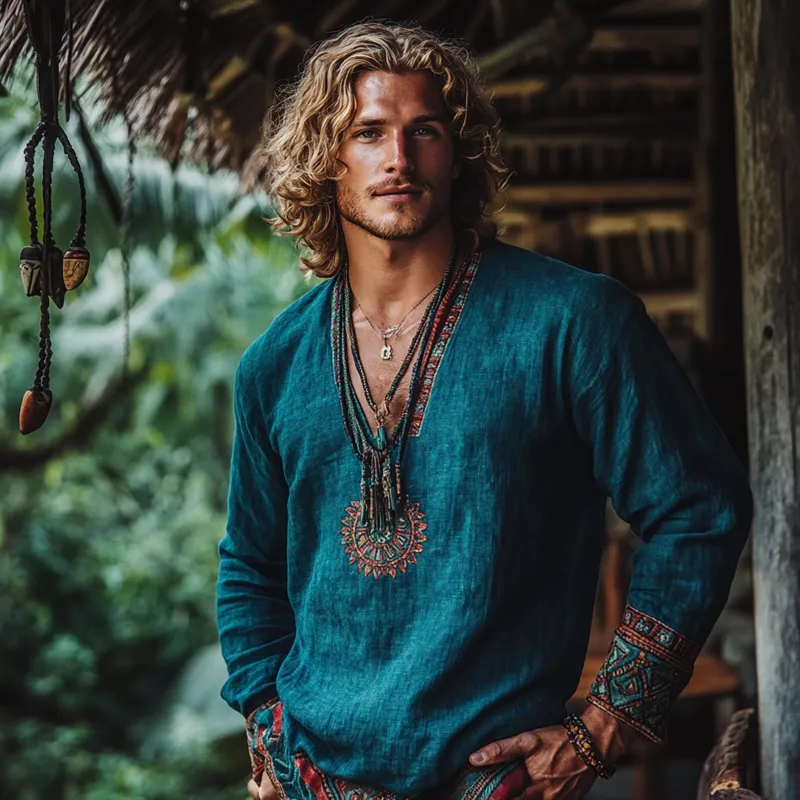 Men's Fashion Ethnic Style Embroidery V Neck Long Sleeve Cotton And Linen Shirt 83910613Z