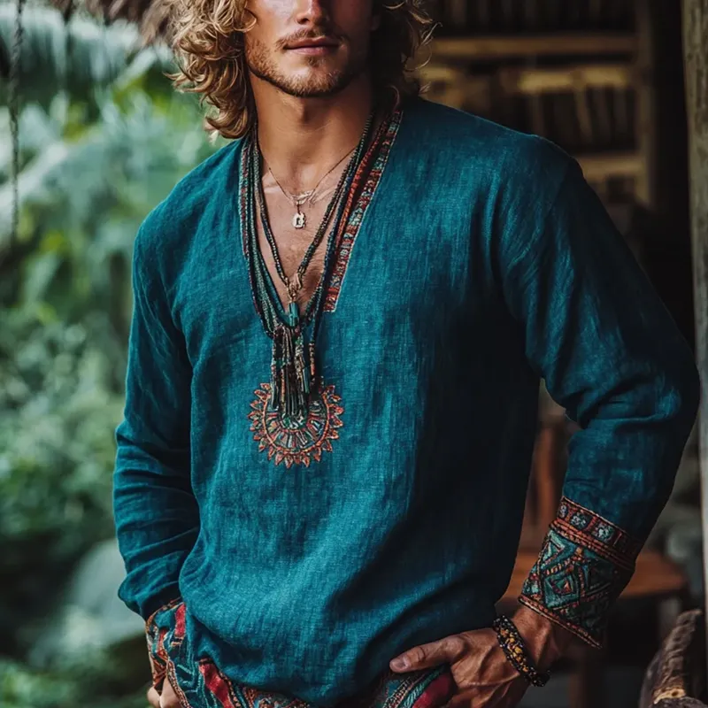 Men's Fashion Ethnic Style Embroidery V Neck Long Sleeve Cotton And Linen Shirt 83910613Z