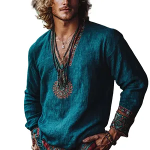 Men's Fashion Ethnic Style Embroidery V Neck Long Sleeve Cotton And Linen Shirt 83910613Z